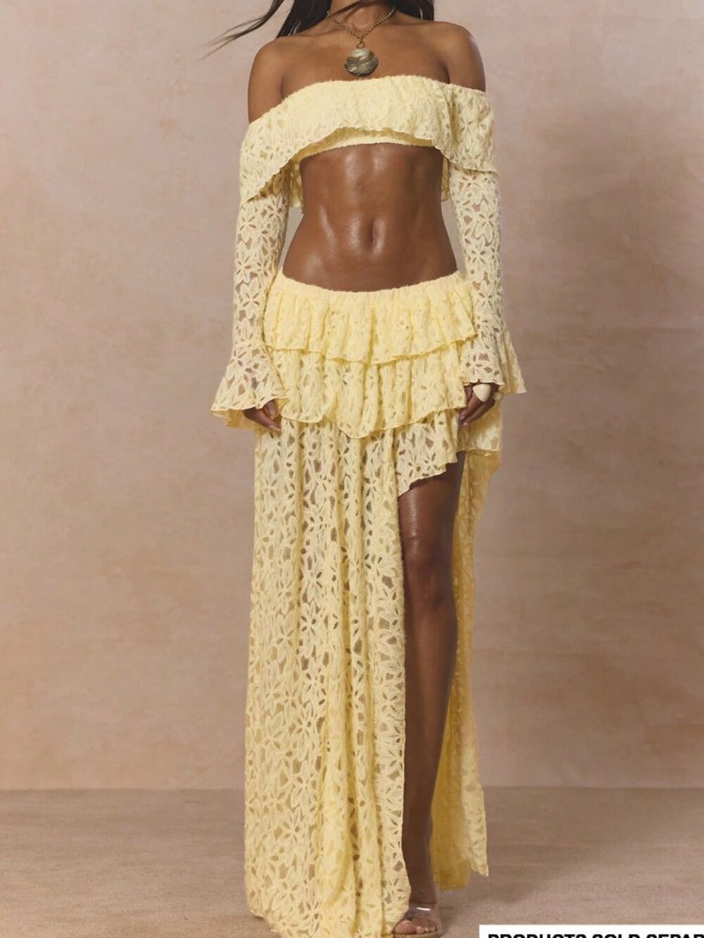 Pale Yellow Cute Women's Lace Tiered Ruffle Asymmetric Split Maxi Skirt